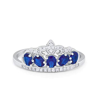 King Crown Ring Oval Simulated Blue Sapphire CZ 925 Sterling Silver
